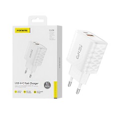 Adaptador Foneng EU56 2 Portas USB-A+Tipo-C QC3,0+PD20W GAN Branco Adaptador Foneng EU56 2 Portas USB-A+Tipo-C QC3,0+PD20W GAN Branco