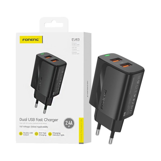 Adaptador Foneng EU63 2 Portas USB-A 2,4A Preto Adaptador Foneng EU63 2 Portas USB-A 2,4A Preto