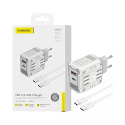 Foneng Charger GaN20 2 Ports USB+Tipo-C PD 45W GAN with Type-C to Type-C Cable 1m White Foneng Charger GaN20 2 Ports USB+Tipo-C PD 45W GAN with Type-C to Type-C Cable 1m White