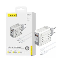 Foneng Charger GaN30 2 Ports USB+Tipo-C PD 65W GAN with Type-C to Type-C Cable 1m White Foneng Charger GaN30 2 Ports USB+Tipo-C PD 65W GAN with Type-C to Type-C Cable 1m White
