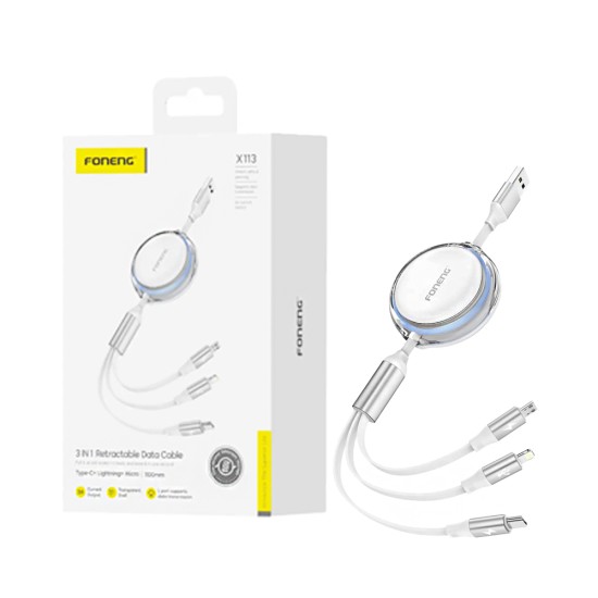 Cabo de Carregamento Retrátil 3 em 1 Foneng X113 (Lightning+Type-C+Micro) 1,1M Branco Cabo de Carregamento Retrátil 3 em 1 Foneng X113 (Lightning+Type-C+Micro) 1,1M Branco