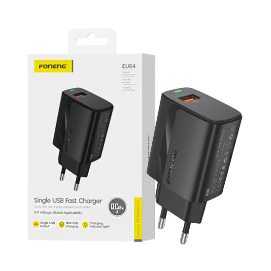 Adaptador Foneng EU64 USB-A 3A 18W Preto Adaptador Foneng EU64 USB-A 3A 18W Preto