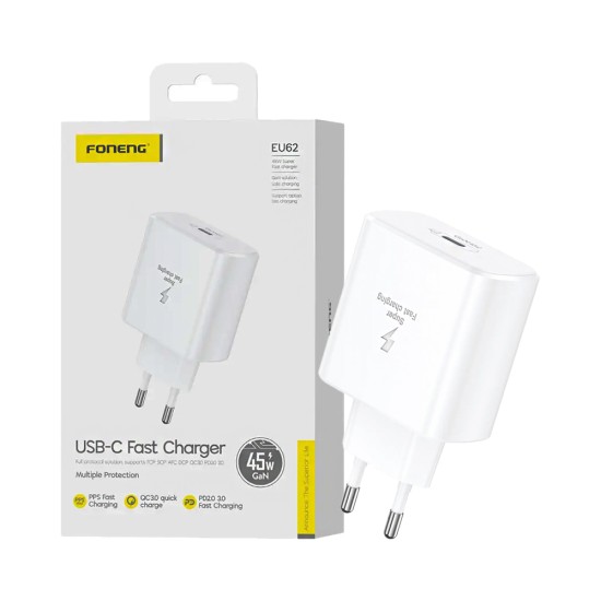 Adaptador Foneng EU62 Tipo-C PD 45W GAN Branco Adaptador Foneng EU62 Tipo-C PD 45W GAN Branco