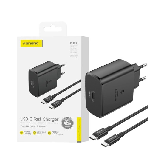 Adaptador Foneng EU62 Tipo-C PD 45W GAN com Cabo Tipo-C para Tipo-C 1m Preto Adaptador Foneng EU62 Tipo-C PD 45W GAN com Cabo Tipo-C para Tipo-C 1m Preto