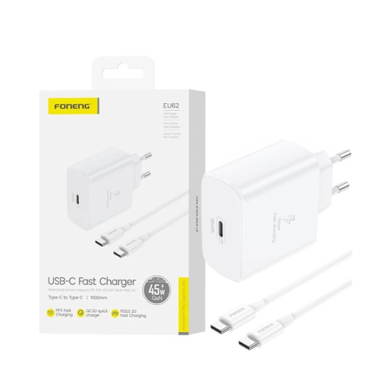 Adaptador Foneng EU62 Tipo-C PD 45W GAN com Cabo Tipo-C para Tipo-C 1m Branco Adaptador Foneng EU62 Tipo-C PD 45W GAN com Cabo Tipo-C para Tipo-C 1m Branco