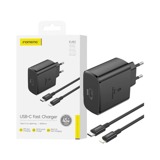 Adaptador Foneng EU62 Tipo-C PD 45W GAN com Cabo Tipo-C para Lightning 1m Preto Adaptador Foneng EU62 Tipo-C PD 45W GAN com Cabo Tipo-C para Lightning 1m Preto