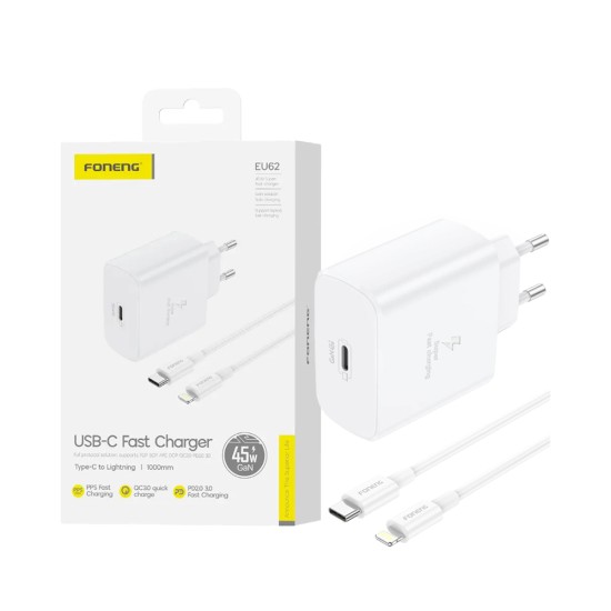 Adaptador Foneng EU62 Tipo-C PD 45W GAN com Cabo Tipo-C para Lightning 1m Branco Adaptador Foneng EU62 Tipo-C PD 45W GAN com Cabo Tipo-C para Lightning 1m Branco