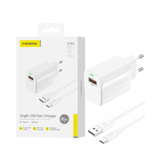Carregador Foneng EU64 USB-A 3A 18W com Cabo Tipo-C 1m Branco Carregador Foneng EU64 USB-A 3A 18W com Cabo Tipo-C 1m Branco