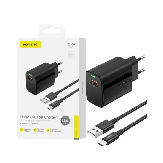 Carregador Foneng EU64 USB-A 3A 18W com Cabo Micro 1m Preto Carregador Foneng EU64 USB-A 3A 18W com Cabo Micro 1m Preto