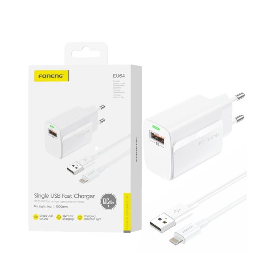 Carregador Foneng EU64 USB-A 3A 18W com Cabo Lightning 1m Branco Carregador Foneng EU64 USB-A 3A 18W com Cabo Lightning 1m Branco