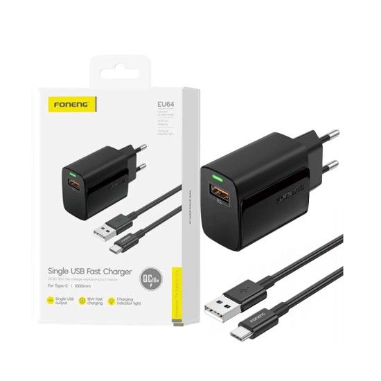 Carregador Foneng EU64 USB-A 3A 18W com Cabo Tipo-C 1m Preto Carregador Foneng EU64 USB-A 3A 18W com Cabo Tipo-C 1m Preto
