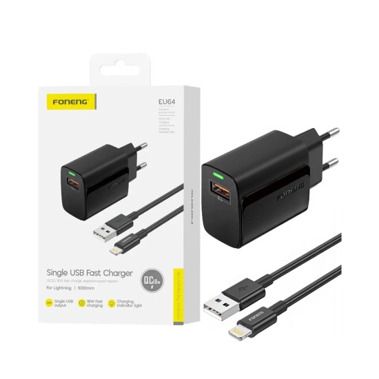 Carregador Foneng EU64 USB-A 3A 18W com Cabo Lightning 1m Preto Carregador Foneng EU64 USB-A 3A 18W com Cabo Lightning 1m Preto