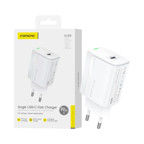 Adaptador Foneng EU65 Tipo-C PD 20W Branco Adaptador Foneng EU65 Tipo-C PD 20W Branco