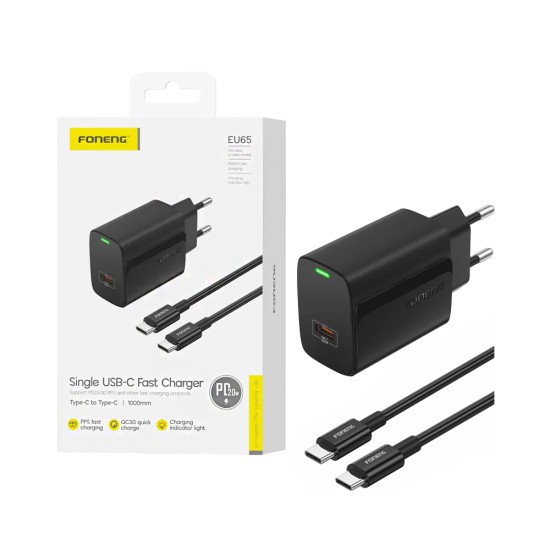 Carregador Foneng EU65 Tipo-C PD 20W com Cabo Tipo-C para Tipo-C 1m Preto Carregador Foneng EU65 Tipo-C PD 20W com Cabo Tipo-C para Tipo-C 1m Preto