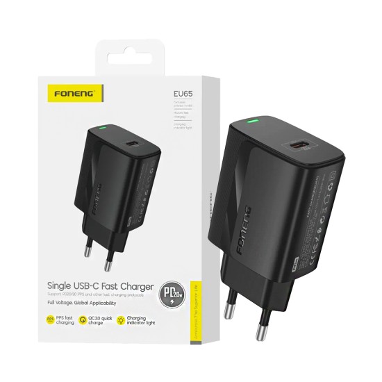 Adaptador Foneng EU65 Tipo-C PD 20W Preto Adaptador Foneng EU65 Tipo-C PD 20W Preto
