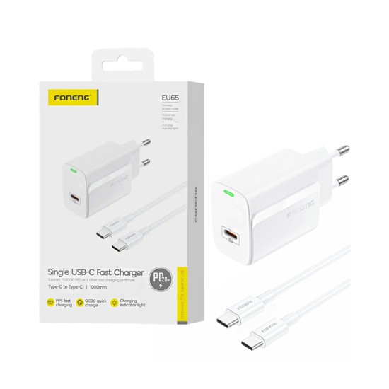 Carregador Foneng EU65 Tipo-C PD 20W com Cabo Tipo-C para Tipo-C 1m Branco Carregador Foneng EU65 Tipo-C PD 20W com Cabo Tipo-C para Tipo-C 1m Branco