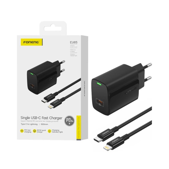 Carregador Foneng EU65 Tipo-C PD 20W com Cabo Tipo-C para Lightning 1m Preto Carregador Foneng EU65 Tipo-C PD 20W com Cabo Tipo-C para Lightning 1m Preto