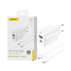 Foneng Charger EU66 2 Ports USB+Tipo-C PD 20W with Type-C to Type-C Cable 1m White Foneng Charger EU66 2 Ports USB+Tipo-C PD 20W with Type-C to Type-C Cable 1m White