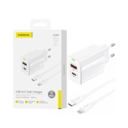 Foneng Charger EU66 2 Ports USB+Tipo-C PD 20W with Type-C to Lightning Cable 1m White Foneng Charger EU66 2 Ports USB+Tipo-C PD 20W with Type-C to Lightning Cable 1m White