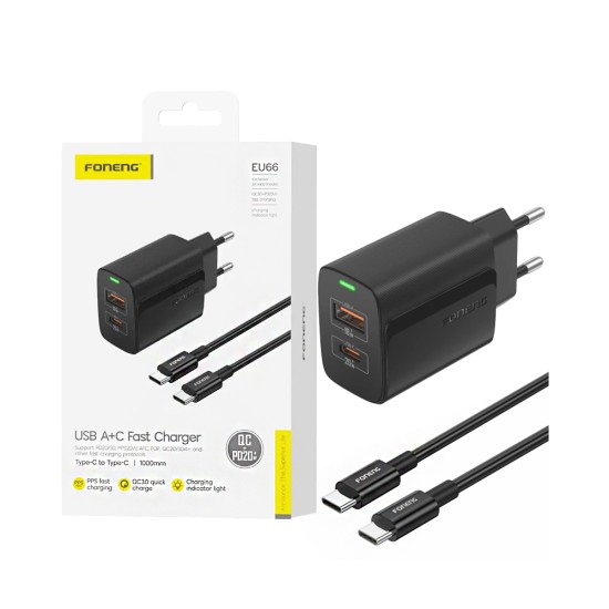 Foneng Charger EU66 2 Ports USB+Tipo-C PD 20W with Type-C to Type-C Cable 1m Black Foneng Charger EU66 2 Ports USB+Tipo-C PD 20W with Type-C to Type-C Cable 1m Black