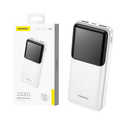 Power Bank Foneng P62 com 2 Puertos Outputs USB 2A 20000mAh Branco Power Bank Foneng P62 com 2 Puertos Outputs USB 2A 20000mAh Branco