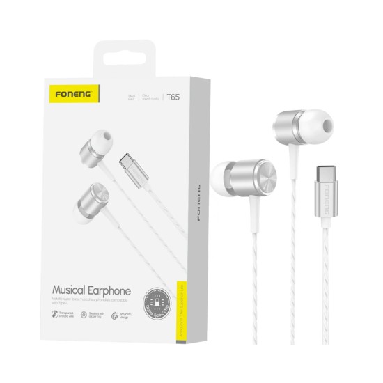 Auscultadores Foneng T65 In-Ear Heavy Bass com Microfone Tipo-C 1,2m Plata Auscultadores Foneng T65 In-Ear Heavy Bass com Microfone Tipo-C 1,2m Plata