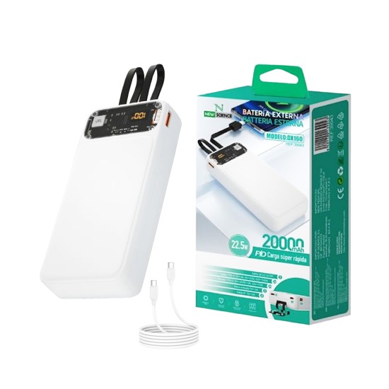 Power Bank New Science DX160 com 2 Puertos Outputs USB+Tipo C 20000mAh 22,5W Branco Power Bank New Science DX160 com 2 Puertos Outputs USB+Tipo C 20000mAh 22,5W Branco