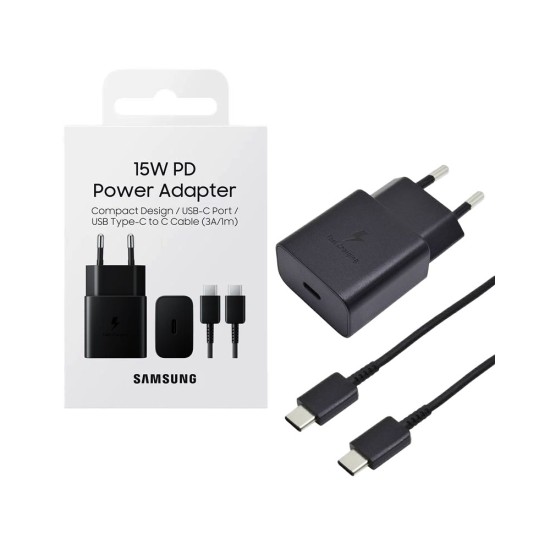 Carregador Samsung EP-T1510XBEGEU Porta Tipo-C PD 15W com cabo Tipo-C para Tipo-C 3A 1m Preto Carregador Samsung EP-T1510XBEGEU Porta Tipo-C PD 15W com cabo Tipo-C para Tipo-C 3A 1m Preto