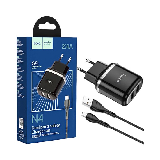 Carregador Hoco N4 Aspiring 2 Portas USB-A 2,4A com Cabo Micro 1M Preto