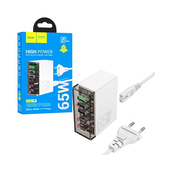 Carregador Hoco N36 Fuerza 6 Portas 3 USB+3 Tipo-C PD65W GAN Branco