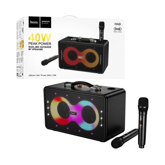 Coluna Sem Fio Portátil Hoco HA8 Ave com Microfone Duplo Preto Coluna Sem Fio Portátil Hoco HA8 Ave com Microfone Duplo Preto