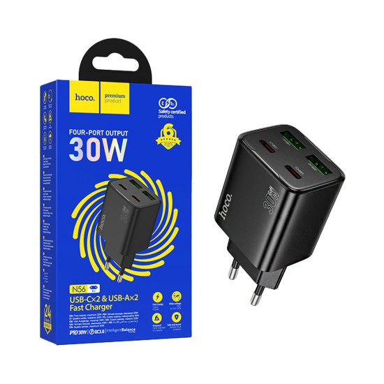 Adaptador Hoco N56 Founder 4 Portas 2 USB+2 Tipo-C 30W GAN Preto