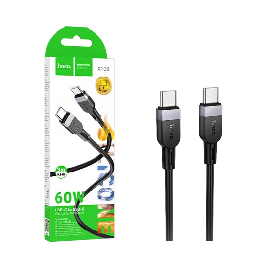 Cabo Hoco X109 Energy Tipo-C para Tipo-C PD 60W 3A 3M Preto Cabo Hoco X109 Energy Tipo-C para Tipo-C PD 60W 3A 3M Preto