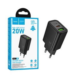 Adaptador Hoco N61 Gentle 2 Portas USB+Tipo-C PD20W GAN Preto Adaptador Hoco N61 Gentle 2 Portas USB+Tipo-C PD20W GAN Preto