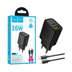 Carregador Hoco N61 Gentle 2 Portas USB+Tipo-C PD20W GAN com Cabo Tipo-C para Lightning 1m Preto Carregador Hoco N61 Gentle 2 Portas USB+Tipo-C PD20W GAN com Cabo Tipo-C para Lightning 1m Preto