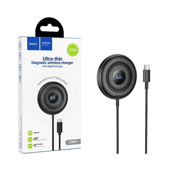 Carregador Rápido Sem Fio Magnético Hoco CW61 Phantom com display digital 15W 1,2m Preto Carregador Rápido Sem Fio Magnético Hoco CW61 Phantom com display digital 15W 1,2m Preto