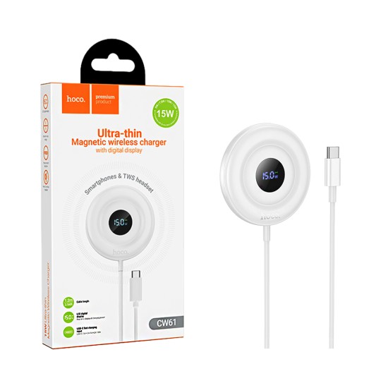 Carregador Rápido Sem Fio Magnético Hoco CW61 Phantom com display digital 15W 1,2m Branco Carregador Rápido Sem Fio Magnético Hoco CW61 Phantom com display digital 15W 1,2m Branco