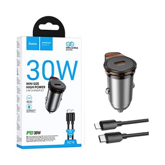 Carregador de Carro Hoco NZ16 Rigorous PD30W com Cabo Tipo-C para Lightning 1M Cinza Metálico