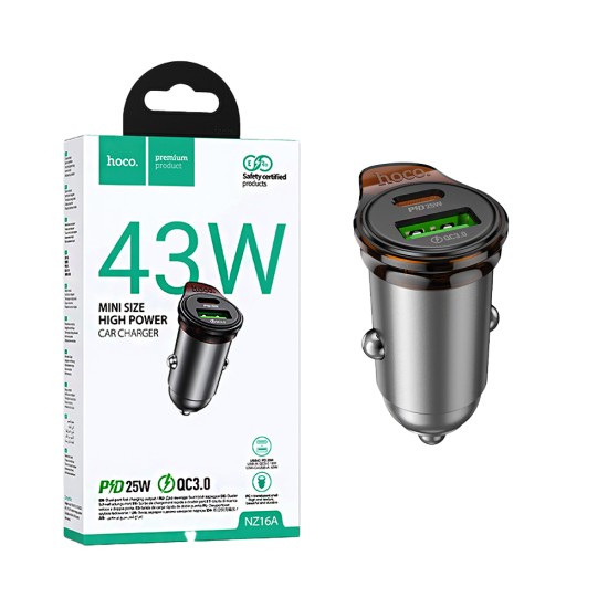 Carregador de Carro Hoco NZ16A Rigorous 2 Portas USB+Tipo-C PD43W Cinza Metalizado Carregador de Carro Hoco NZ16A Rigorous 2 Portas USB+Tipo-C PD43W Cinza Metalizado