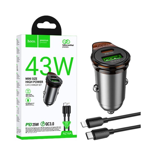 Carregador de Carro Hoco NZ16A Rigorous 2 Portas USB+Tipo-C PD43W com Cabo Tipo C para Lightning de 1m Cinza Metalizado Carregador de Carro Hoco NZ16A Rigorous 2 Portas USB+Tipo-C PD43W com Cabo Tipo C para Lightning de 1m Cinza Metalizado