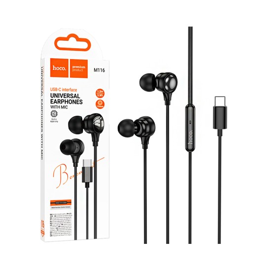 Auscultadores com Cabo Hoco M116 Benevolent com Microfone Tipo-C 1,2m Preto Auscultadores com Cabo Hoco M116 Benevolent com Microfone Tipo-C 1,2m Preto