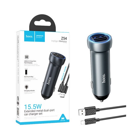 Carregador de Carro Hoco Z54 Prosperous 2 Portas USB 15,5W con cabo Tipo-C 1m Cinza Metalizado Carregador de Carro Hoco Z54 Prosperous 2 Portas USB 15,5W con cabo Tipo-C 1m Cinza Metalizado