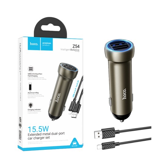 Carregador de Carro Hoco Z54 Prosperous 2 Portas USB 15,5W con cabo Lightning 1m Dourado