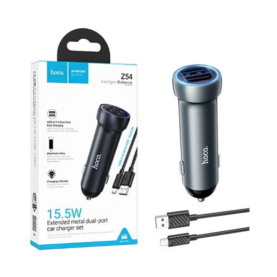 Carregador de Carro Hoco Z54 Prosperous 2 Portas USB 15,5W con cabo Micro 1m Cinza Metalizado Carregador de Carro Hoco Z54 Prosperous 2 Portas USB 15,5W con cabo Micro 1m Cinza Metalizado