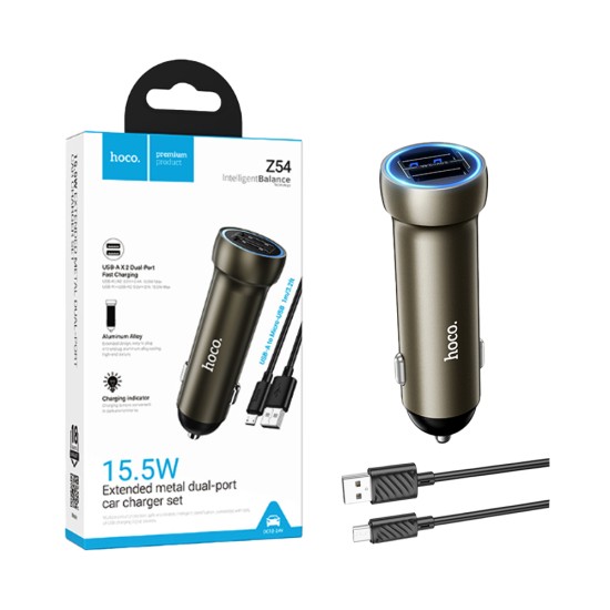 Carregador de Carro Hoco Z54 Prosperous 2 Portas USB 15,5W con cabo Micro 1m Dourado Carregador de Carro Hoco Z54 Prosperous 2 Portas USB 15,5W con cabo Micro 1m Dourado