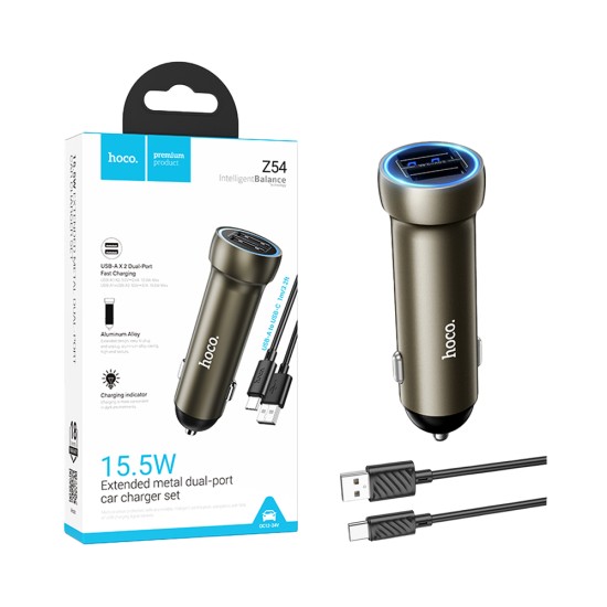 Carregador de Carro Hoco Z54 Prosperous 2 Portas USB 15,5W con cabo Tipo-C 1m Dourado Carregador de Carro Hoco Z54 Prosperous 2 Portas USB 15,5W con cabo Tipo-C 1m Dourado