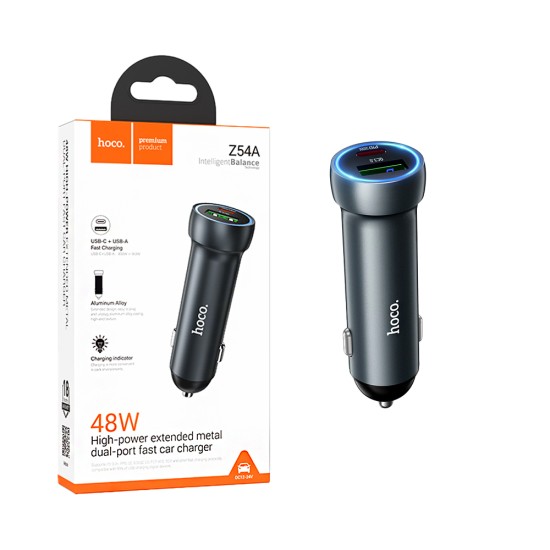 Carregador de Carro Hoco Z54A Prosperous 2 Portas USB+Tipo-C PD48W Cinza Metalizado Carregador de Carro Hoco Z54A Prosperous 2 Portas USB+Tipo-C PD48W Cinza Metalizado