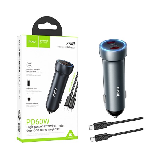 Carregador de Carro Hoco Z54B Prosperous 2 Portas Tipo-C PD60W com cabo tipo C para tipo C 1m Cinza Metalizado