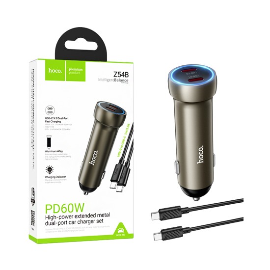 Carregador de Carro Hoco Z54B Prosperous 2 Portas Tipo-C PD60W com cabo tipo C para tipo C 1m Dourado