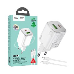 Hoco Charger N41 Almighty 2 Ports USB+Type-C QC+PD 20W GAN with Type-C to Type-C Cable 1m White Hoco Charger N41 Almighty 2 Ports USB+Type-C QC+PD 20W GAN with Type-C to Type-C Cable 1m White